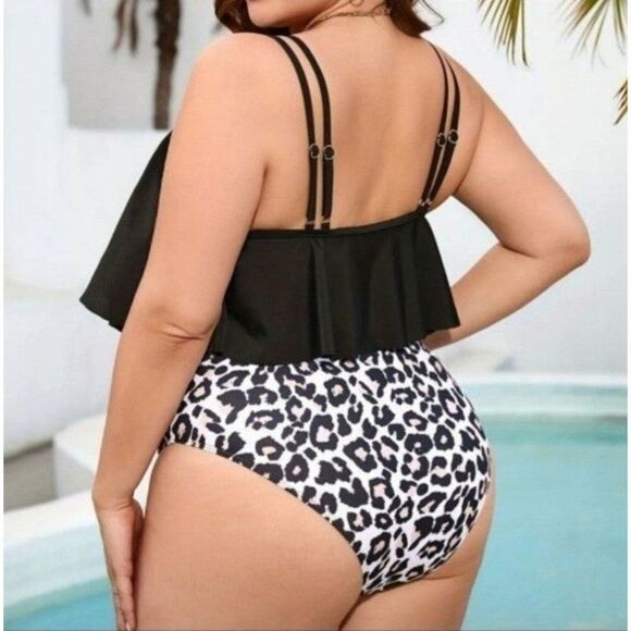 Women's Plus Ruffle Hem Leopard Print One Piece Bathing Suit sz 2X - Picture 2 of 5